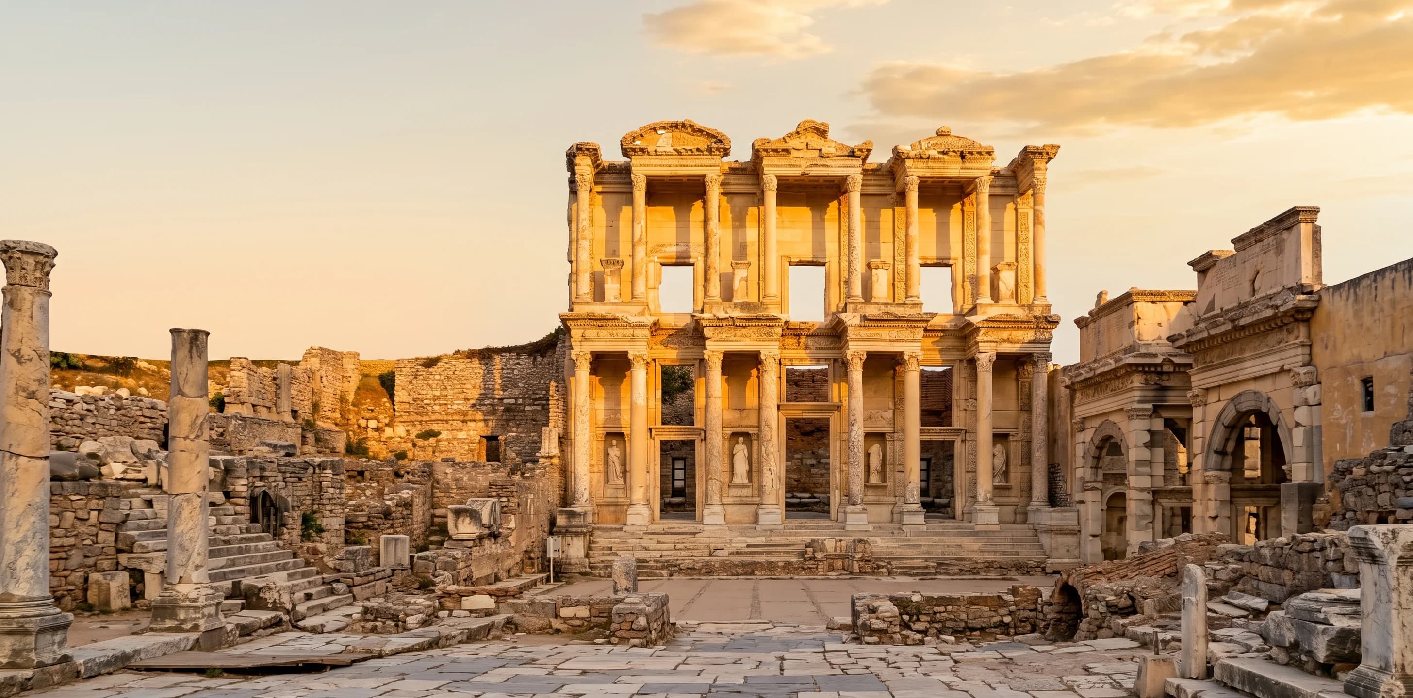 Library of Celsus ancient ruins at golden hour in Ephesus, Turkey