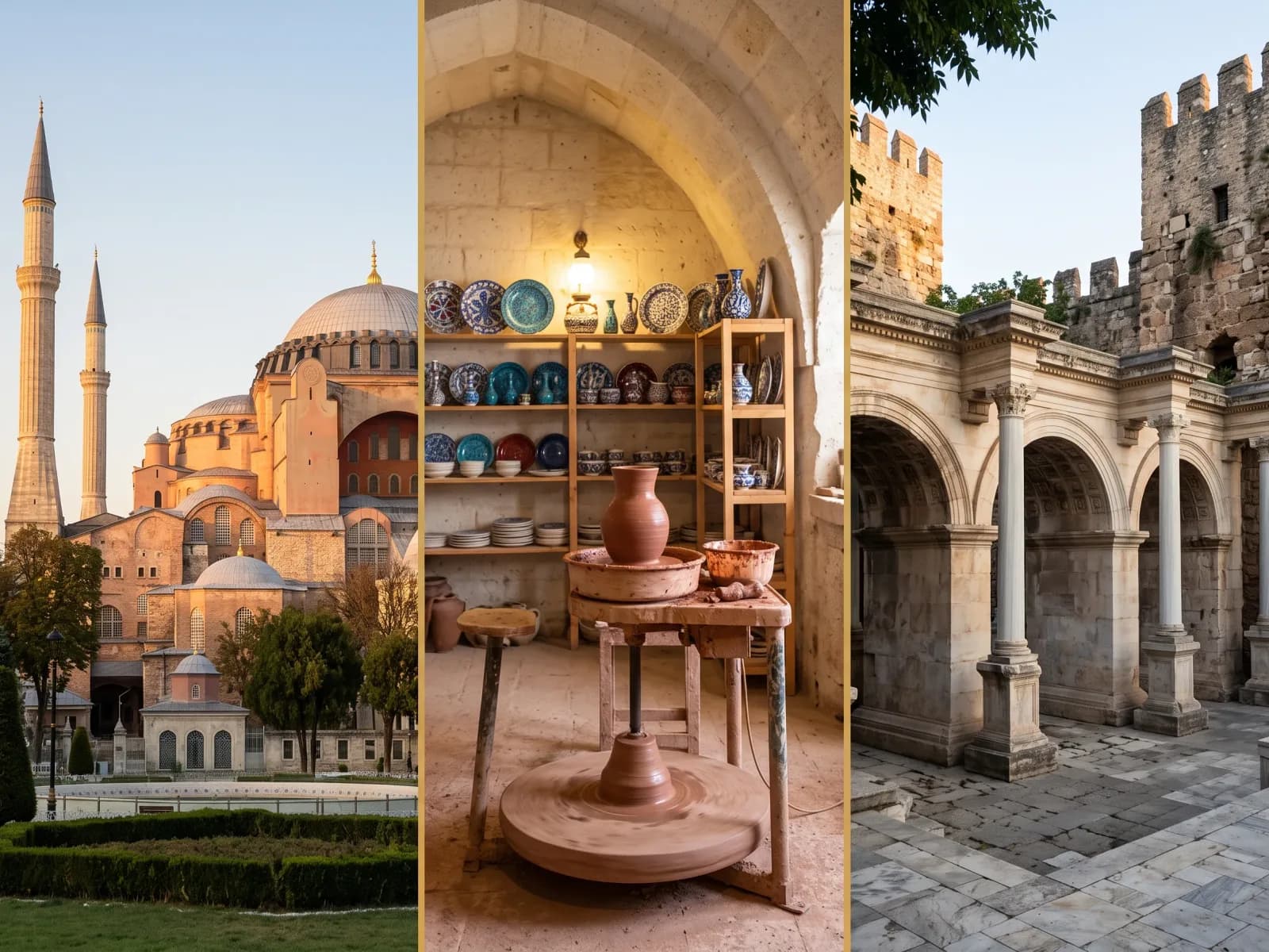 Hagia Sophia in Istanbul, a pottery workshop in Avanos, and Hadrian's Gate in Antalya